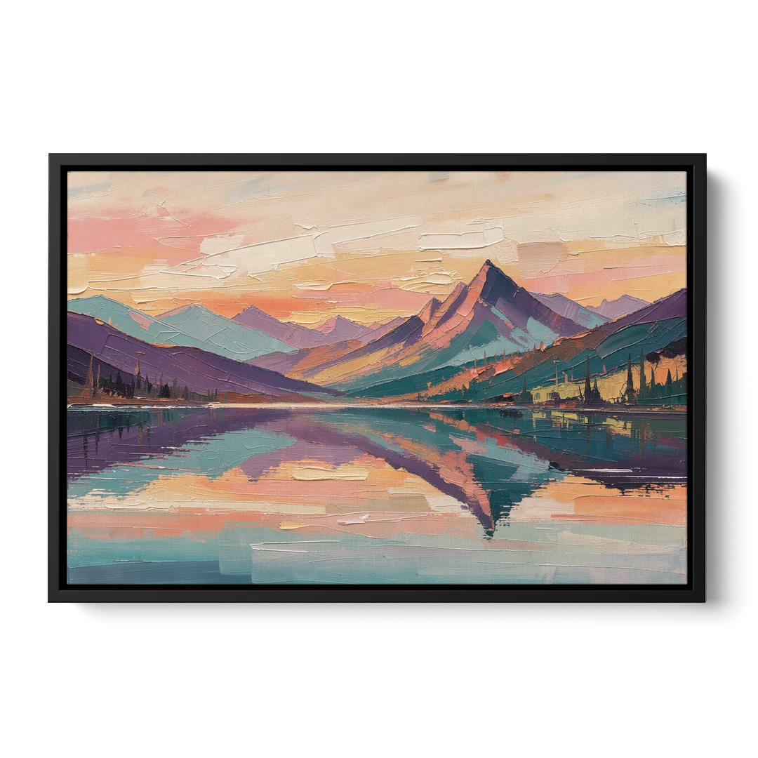 Panoramic Alpine Lake Sunset Peak - Black Framed Canvas Wall Art - Front