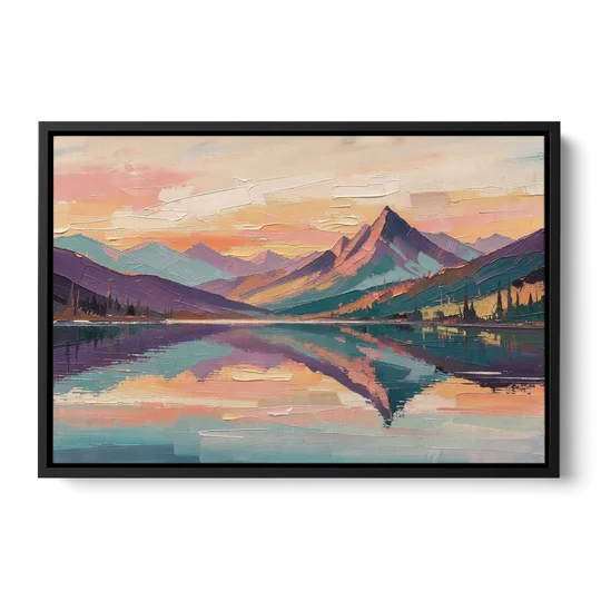 Panoramic Alpine Lake Sunset Peak - Black Framed Canvas Wall Art - Front