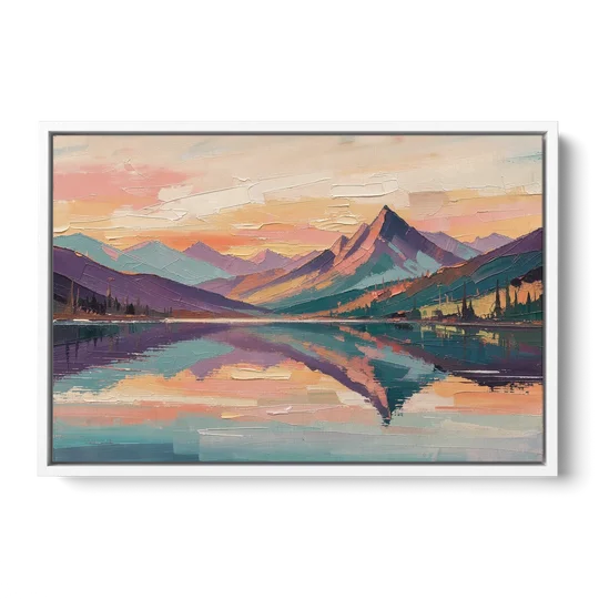 Panoramic Alpine Lake Sunset Peak - White Framed Canvas Wall Art - Front