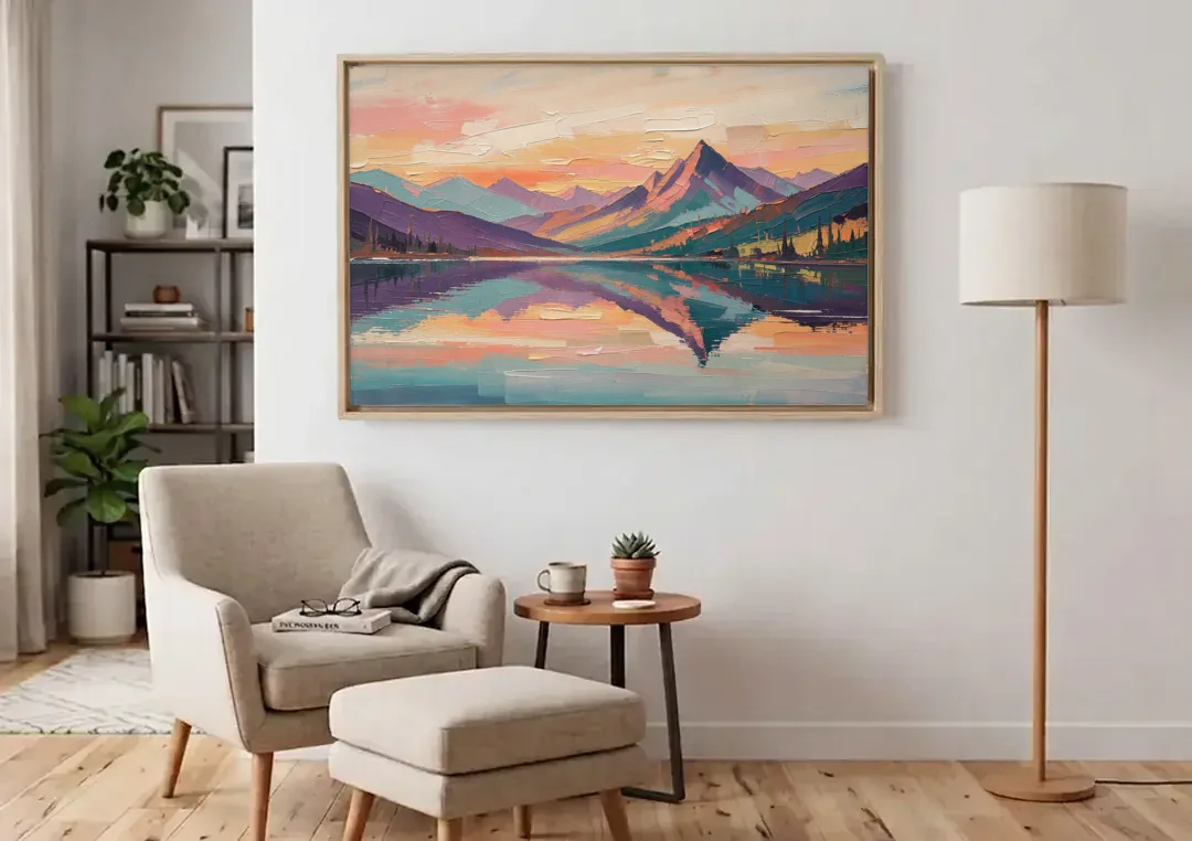 Panoramic Alpine Lake Sunset Peak canvas wall art above an armchair in a bright living room