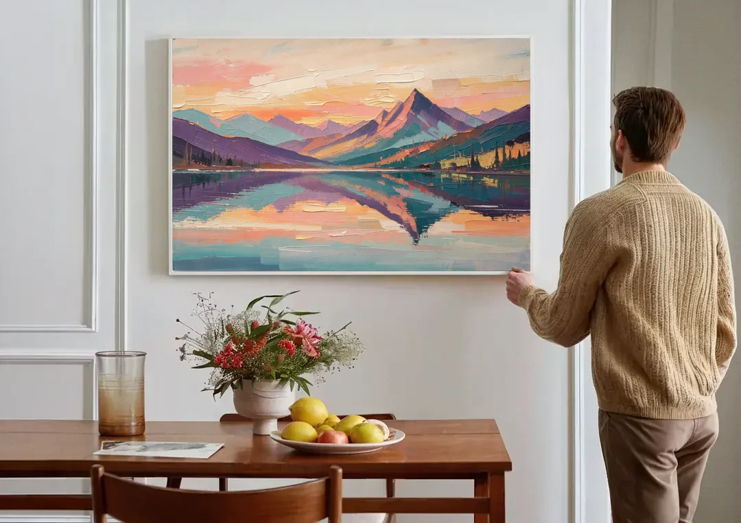 Panoramic Alpine Lake Sunset Peak canvas wall art above a dining table