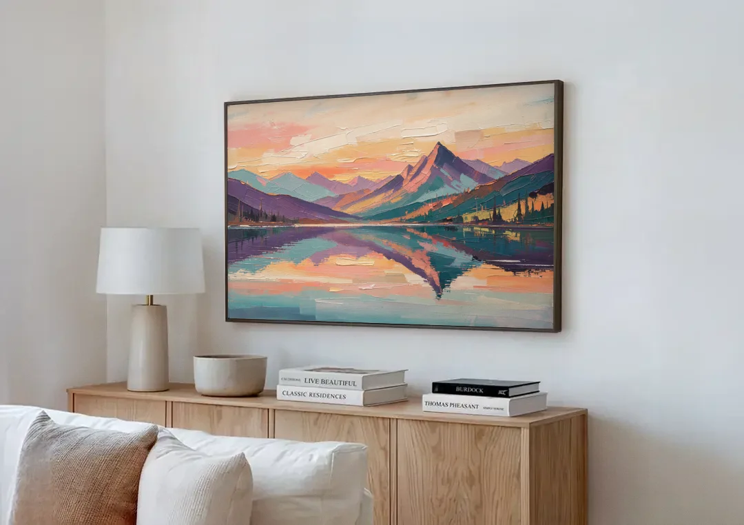 Panoramic Alpine Lake Sunset Peak canvas wall art above a wooden sideboard next to a sofa