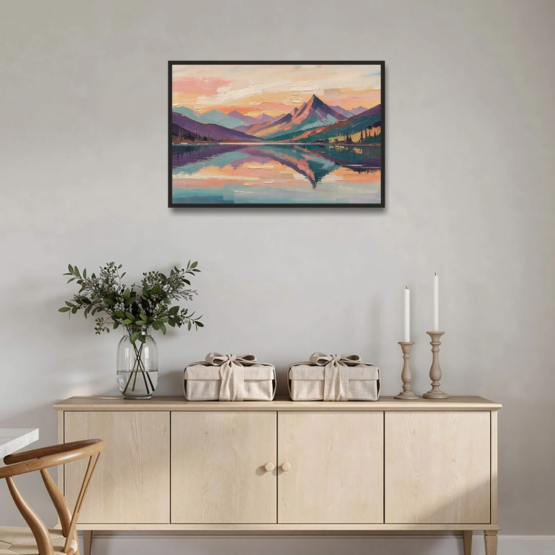 Panoramic Alpine Lake Sunset Peak - Black Framed Canvas Wall Art - Coffee Table - 36x24