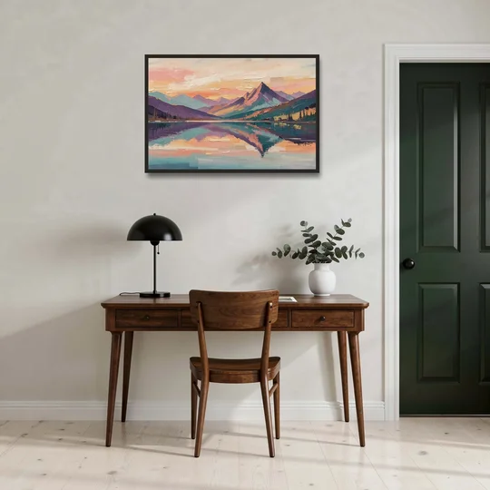 Panoramic Alpine Lake Sunset Peak - Black Framed Canvas Wall Art - Office - 36x24