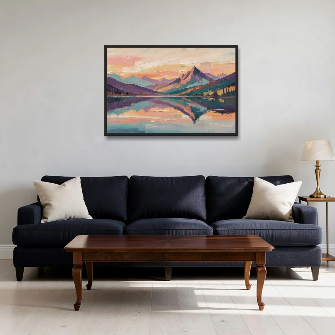 Panoramic Alpine Lake Sunset Peak - Black Framed Canvas Wall Art - Sofa - 36x24