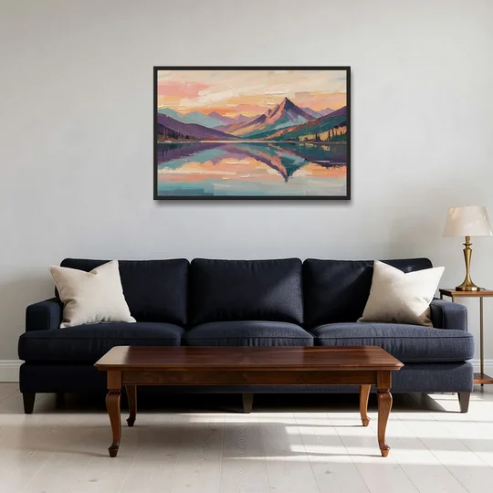 Panoramic Alpine Lake Sunset Peak - Black Framed Canvas Wall Art - Sofa - 36x24
