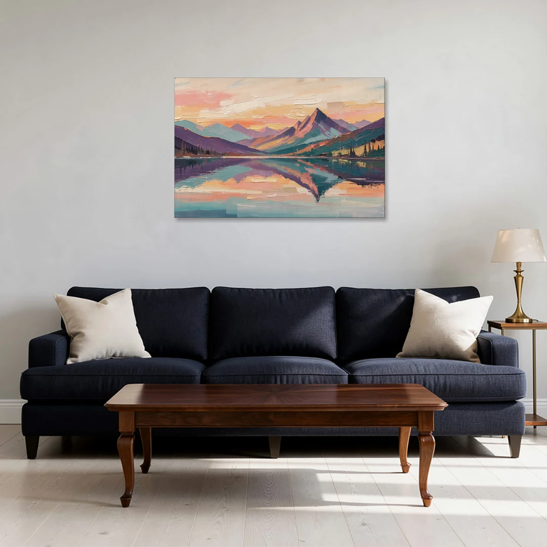 Panoramic Alpine Lake Sunset Peak - Canvas Wall Art - Sofa - 36x24