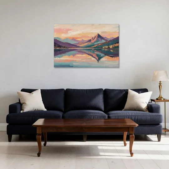 Panoramic Alpine Lake Sunset Peak - Canvas Wall Art - Sofa - 36x24