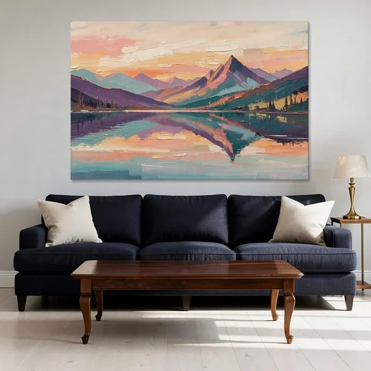 Panoramic Alpine Lake Sunset Peak - Canvas Wall Art - Sofa - 60x40