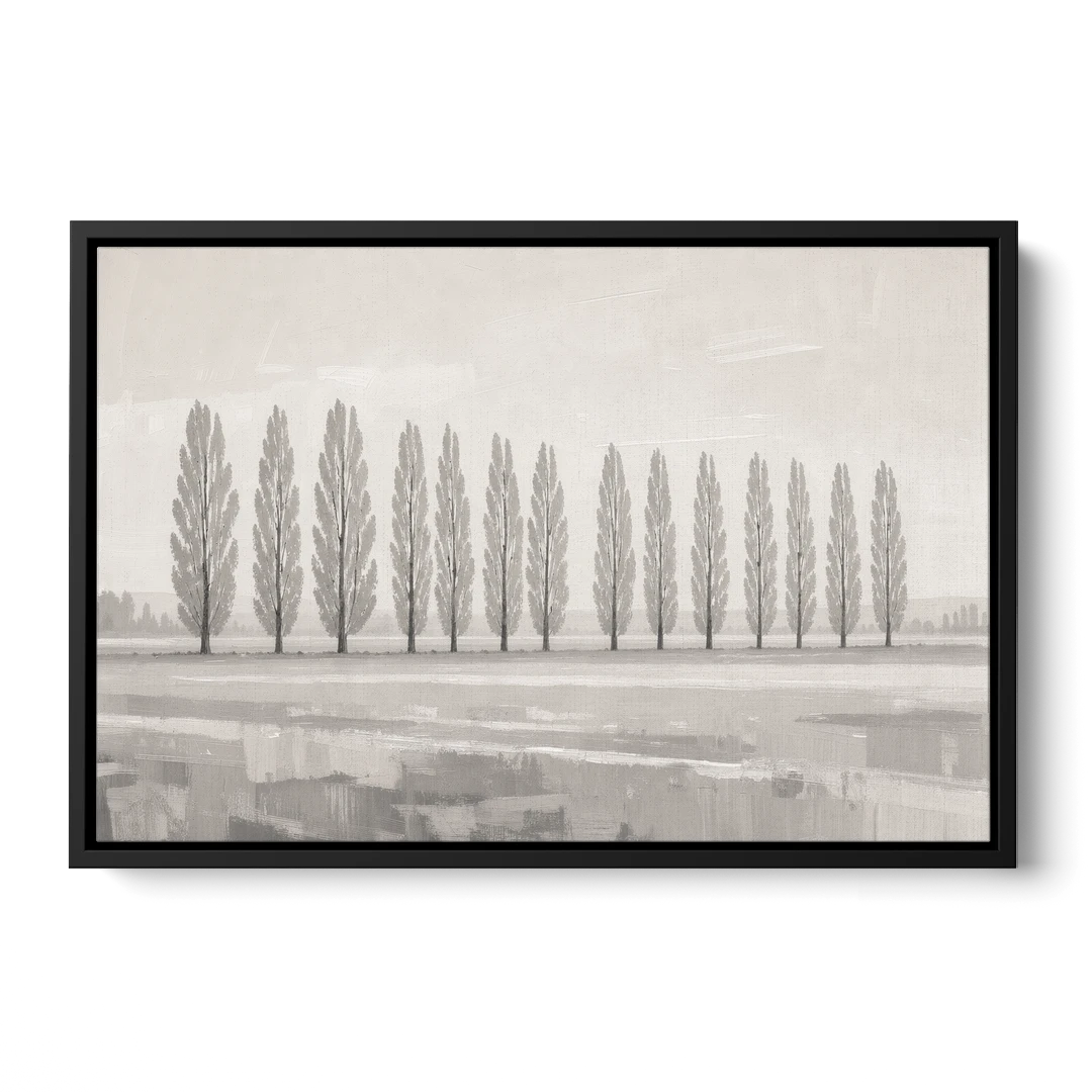 Panoramic Canvas Print of Poplars in Haze - Black Framed Canvas Wall Art - Front