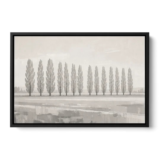 Panoramic Canvas Print of Poplars in Haze - Black Framed Canvas Wall Art - Front