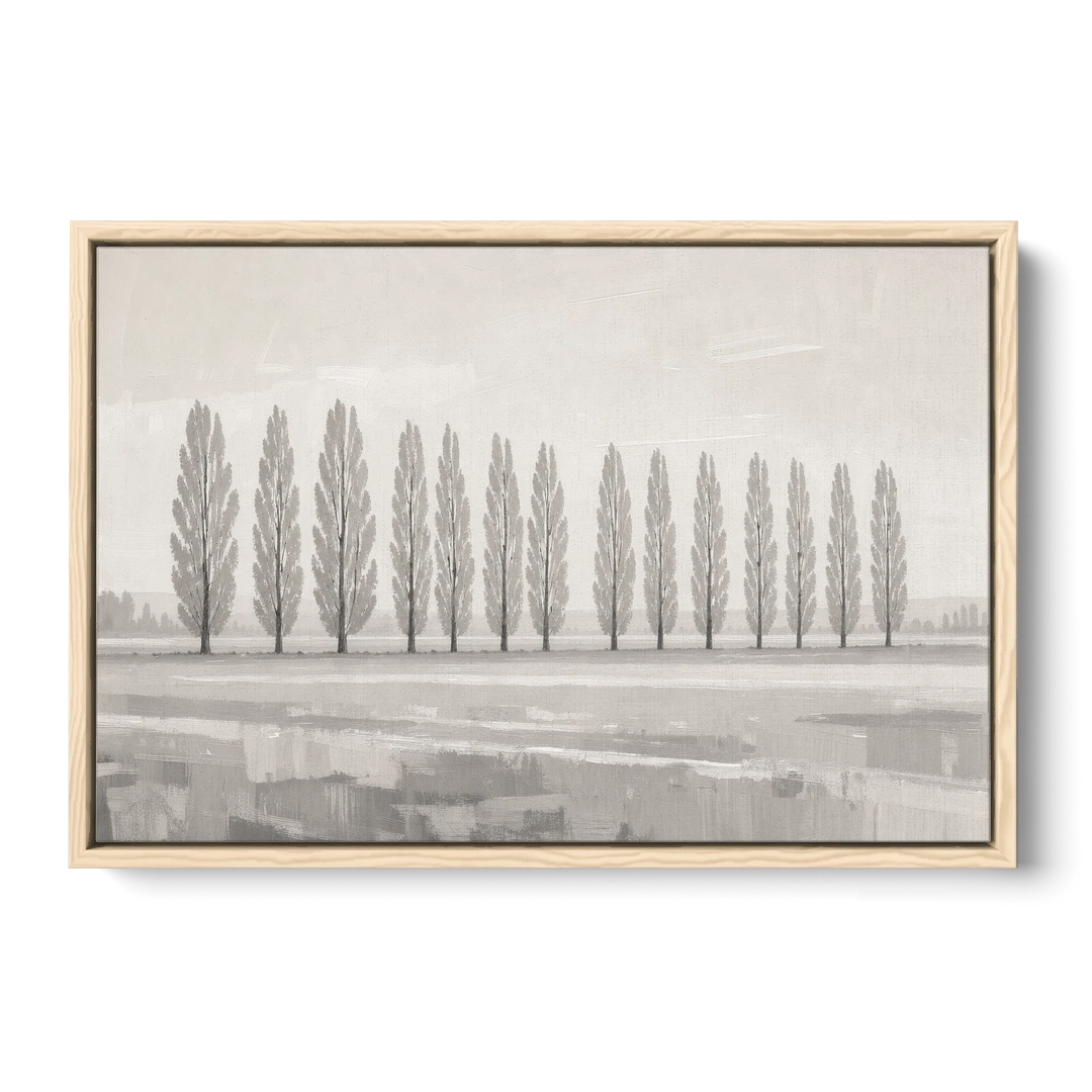 Panoramic Canvas Print of Poplars in Haze - Oak Framed Canvas Wall Art - Front