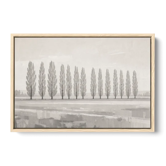 Panoramic Canvas Print of Poplars in Haze - Oak Framed Canvas Wall Art - Front