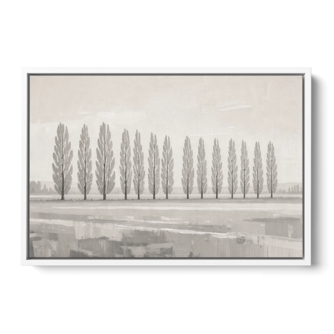 Panoramic Canvas Print of Poplars in Haze - White Framed Canvas Wall Art - Front