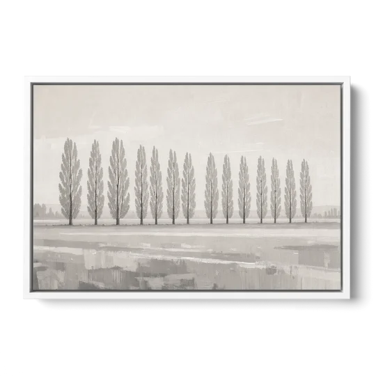 Panoramic Canvas Print of Poplars in Haze - White Framed Canvas Wall Art - Front