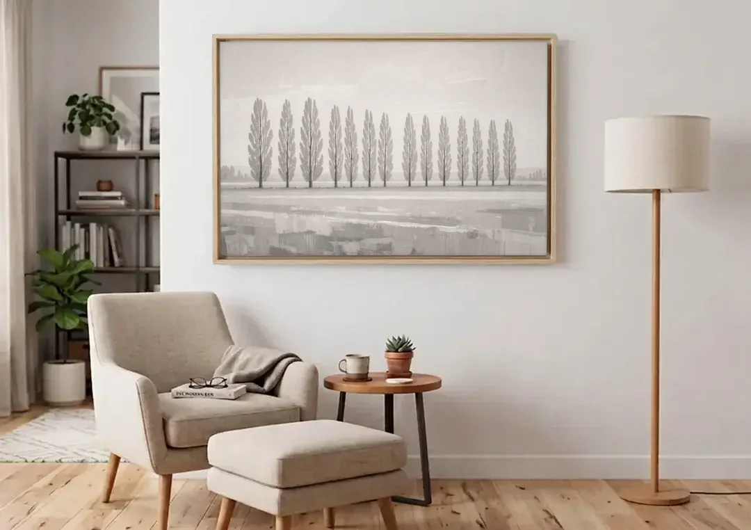 Panoramic Canvas Print of Poplars in Haze canvas wall art above an armchair in a bright living room