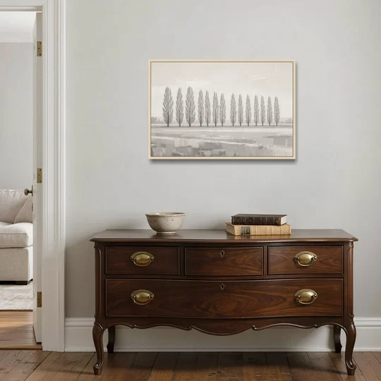 Panoramic Canvas Print of Poplars in Haze - Oak Framed Canvas Wall Art - Coffee Table - 36x24