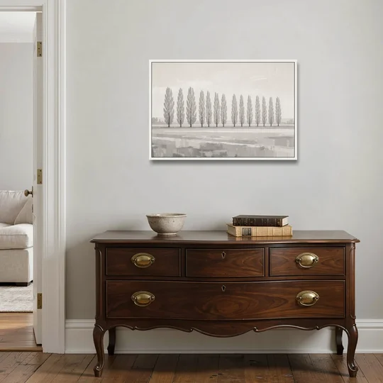 Panoramic Canvas Print of Poplars in Haze - White Framed Canvas Wall Art - Coffee Table - 36x24
