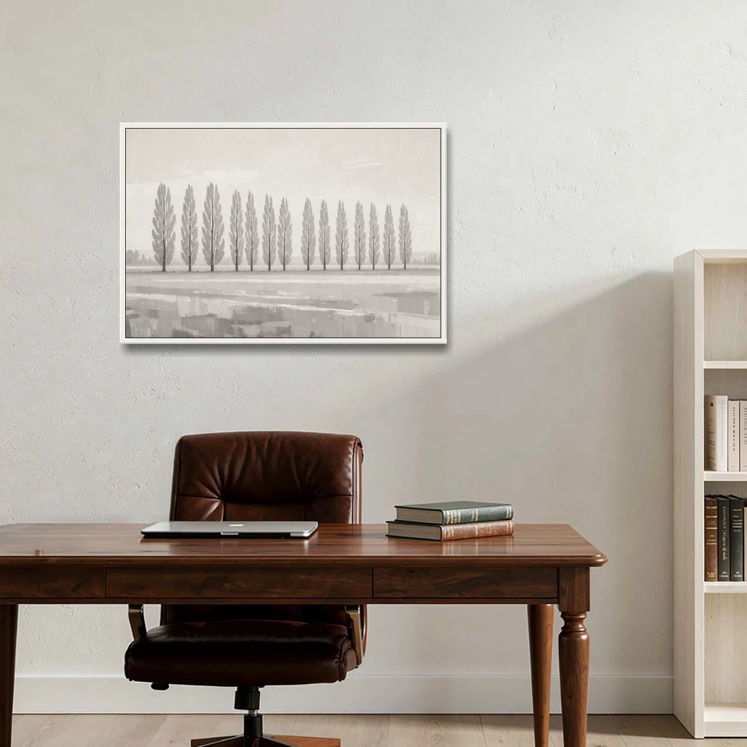 Panoramic Canvas Print of Poplars in Haze - White Framed Canvas Wall Art - Office - 36x24