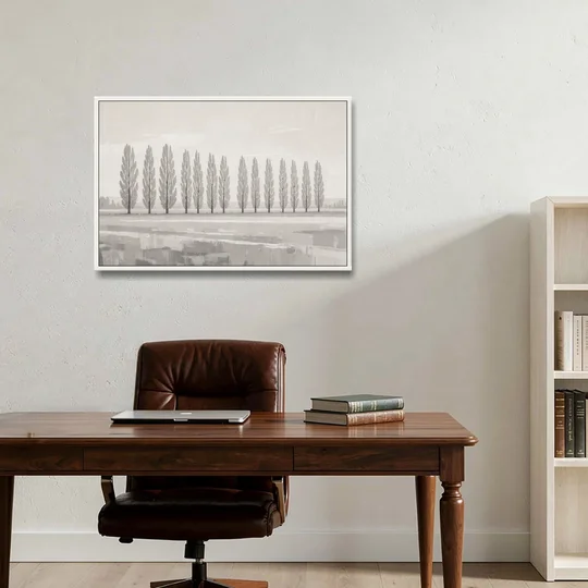 Panoramic Canvas Print of Poplars in Haze - White Framed Canvas Wall Art - Office - 36x24