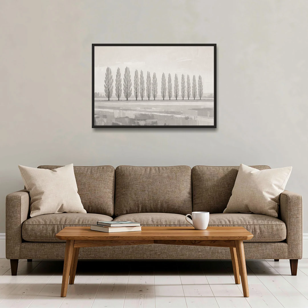 Panoramic Canvas Print of Poplars in Haze - Black Framed Canvas Wall Art - Sofa - 36x24