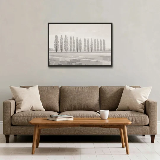 Panoramic Canvas Print of Poplars in Haze - Black Framed Canvas Wall Art - Sofa - 36x24