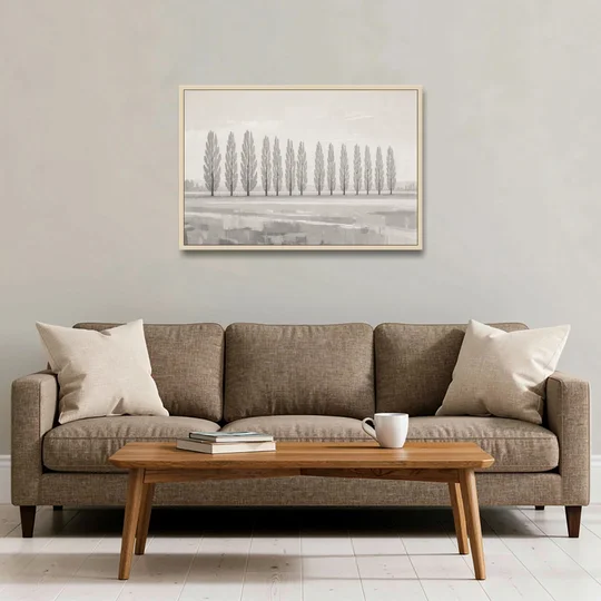 Panoramic Canvas Print of Poplars in Haze - Oak Framed Canvas Wall Art - Sofa - 36x24