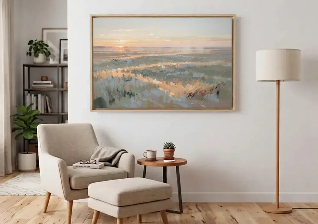 Panoramic Landscape Wall Art of Dawn Over Prairie Grass canvas wall art above an armchair in a bright living room