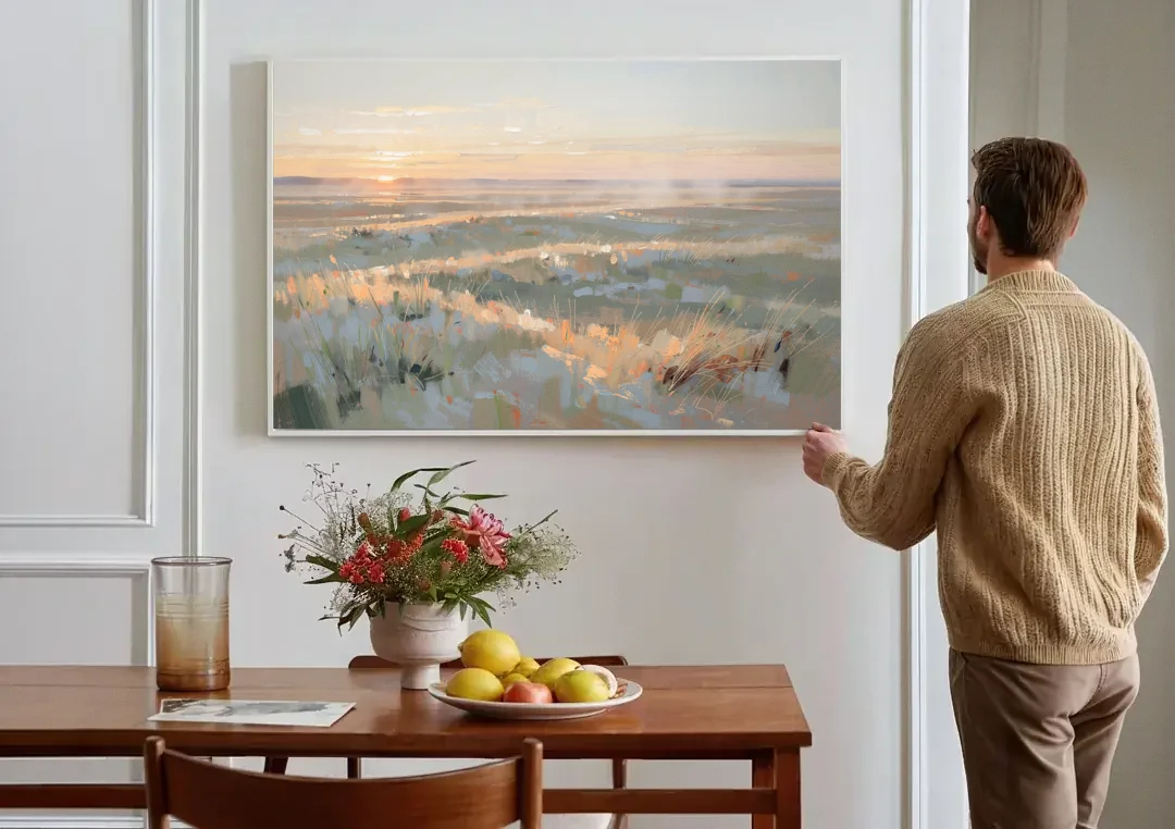 Panoramic Landscape Wall Art of Dawn Over Prairie Grass canvas wall art above a dining table