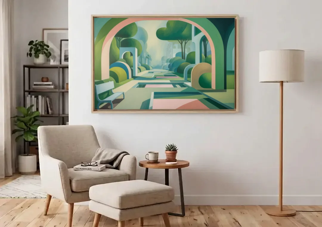 Parco Sempione Bliss canvas wall art above an armchair in a bright living room