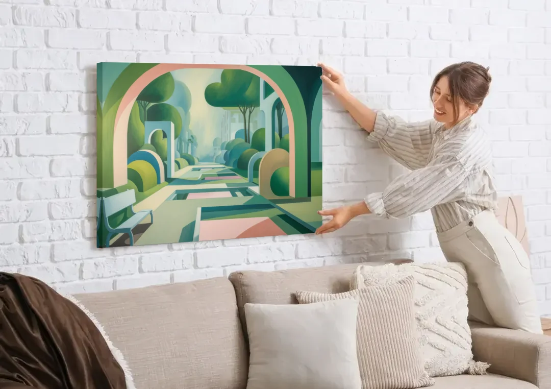 Parco Sempione Bliss canvas wall art being hung on a white brick wall above a sofa