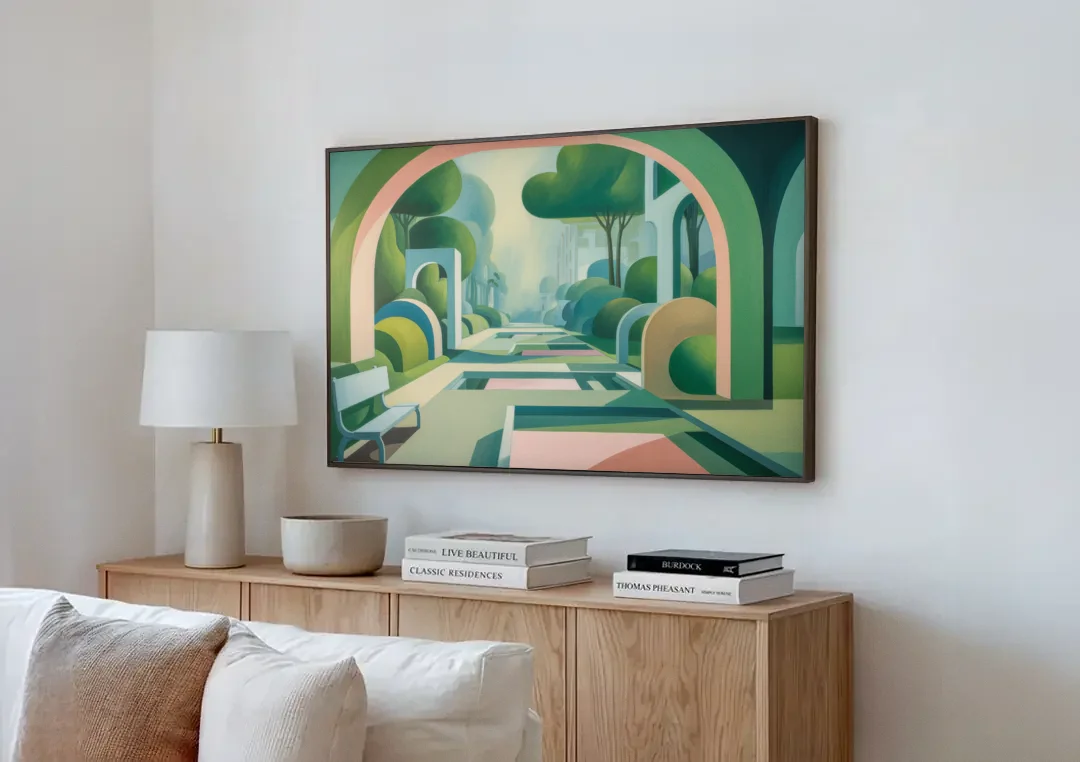 Parco Sempione Bliss canvas wall art above a wooden sideboard next to a sofa