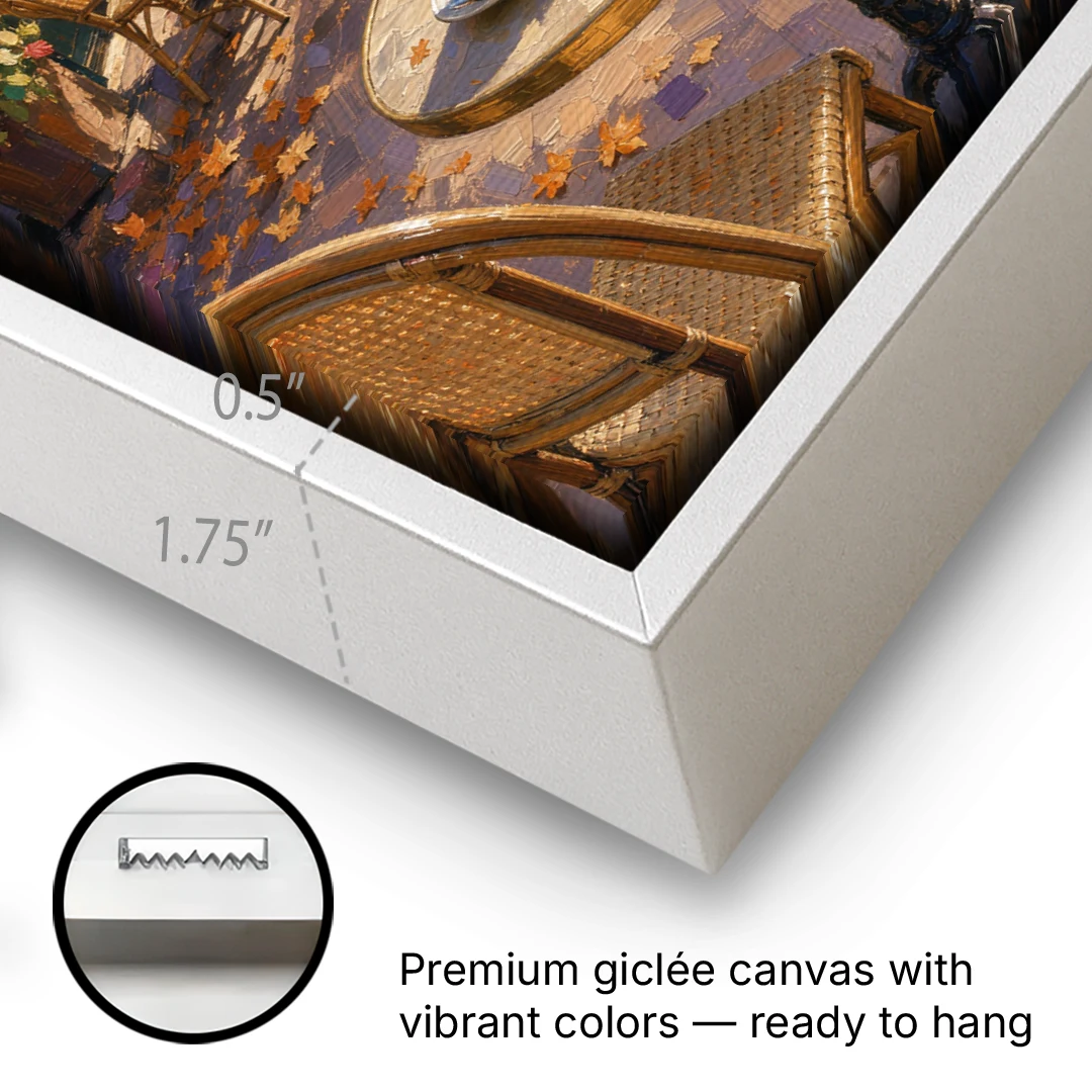 Impressionist Paris Cafe Croissant in Autumn - White Framed Canvas Wall Art - Gallery Wrap Corner