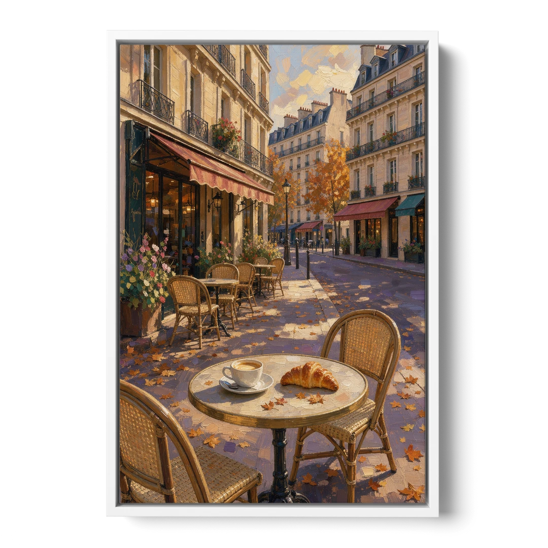 Impressionist Paris Cafe Croissant in Autumn - White Framed Canvas Wall Art - Front