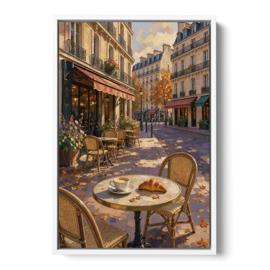 Impressionist Paris Cafe Croissant in Autumn - White Framed Canvas Wall Art - Front