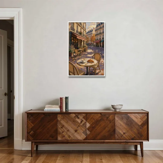 Impressionist Paris Cafe Croissant in Autumn - White Framed Canvas Wall Art - Coffee Table - 24x36