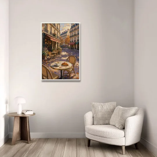 Impressionist Paris Cafe Croissant in Autumn - White Framed Canvas Wall Art - Sofa - 24x36