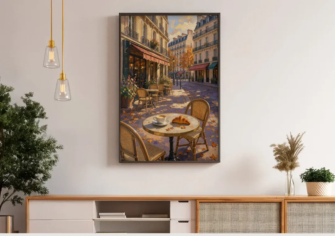 Impressionist Paris Cafe Croissant in Autumn canvas wall art above a wooden sideboard under pendant lights
