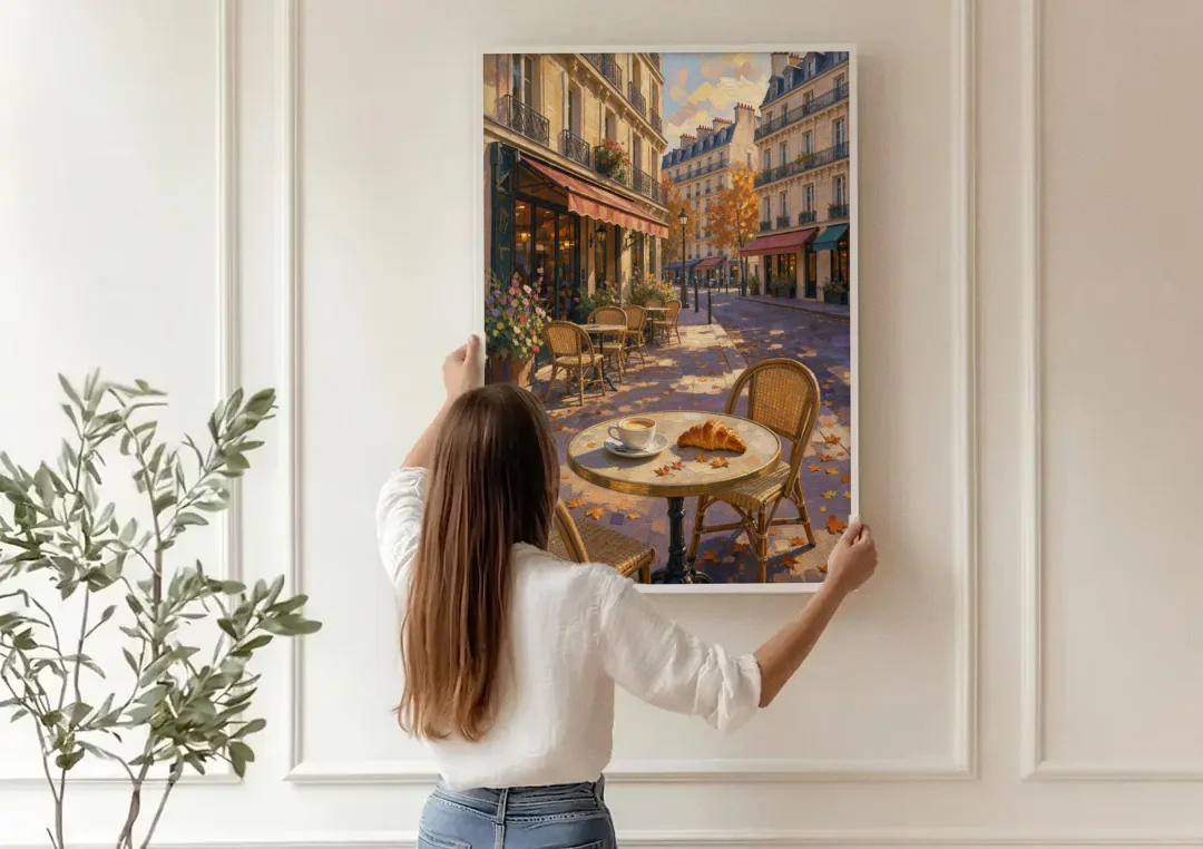 Impressionist Paris Cafe Croissant in Autumn canvas wall art being hung on a paneled wall