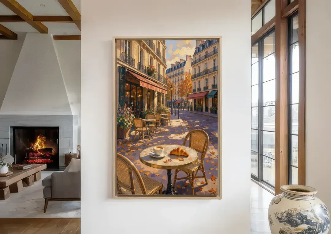 Impressionist Paris Cafe Croissant in Autumn canvas wall art in a living room with a fireplace