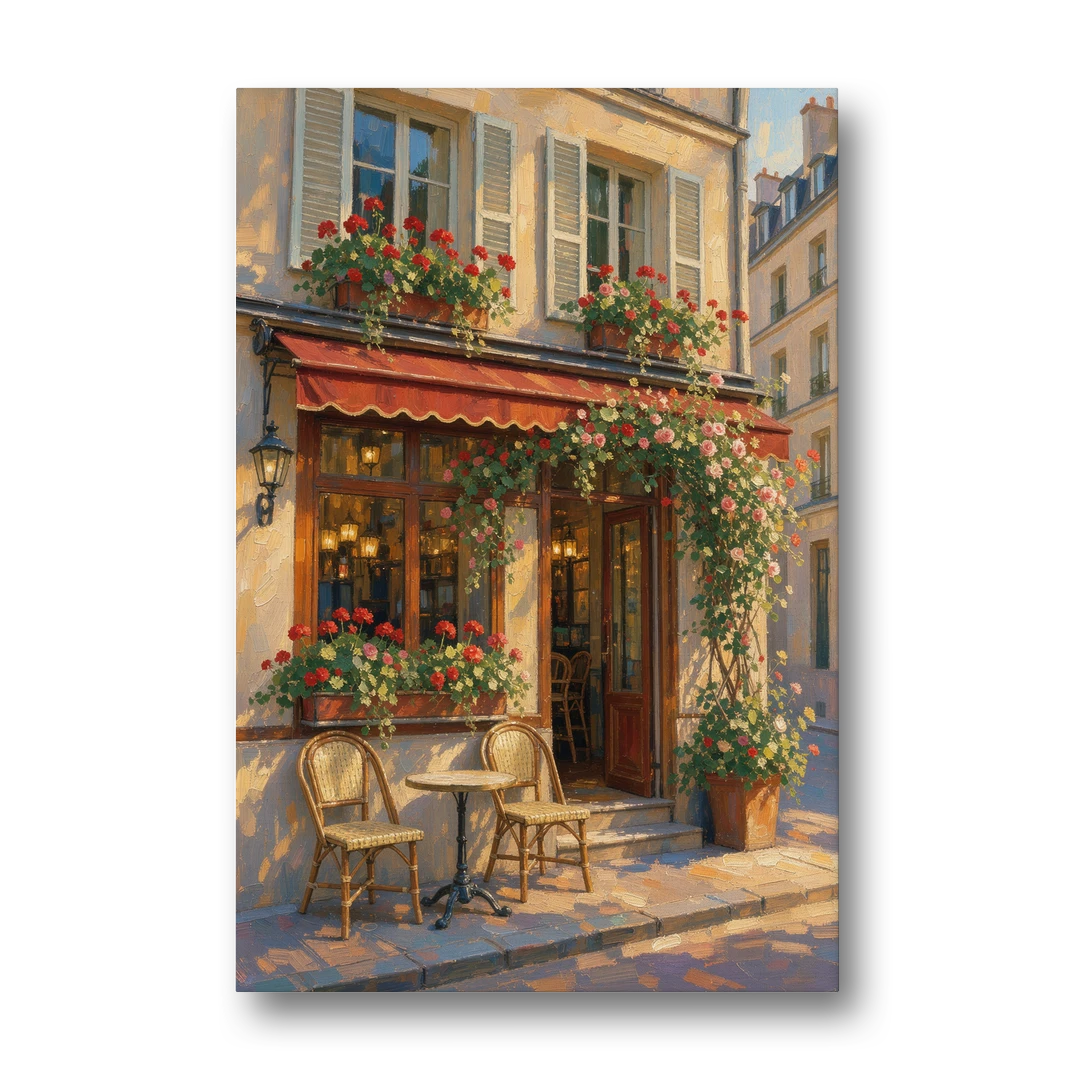Paris Cafe Painting with Geraniums and Climbing Rose - Canvas Wall Art - Front