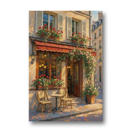 Paris Cafe Painting with Geraniums and Climbing Rose - Canvas Wall Art - Front