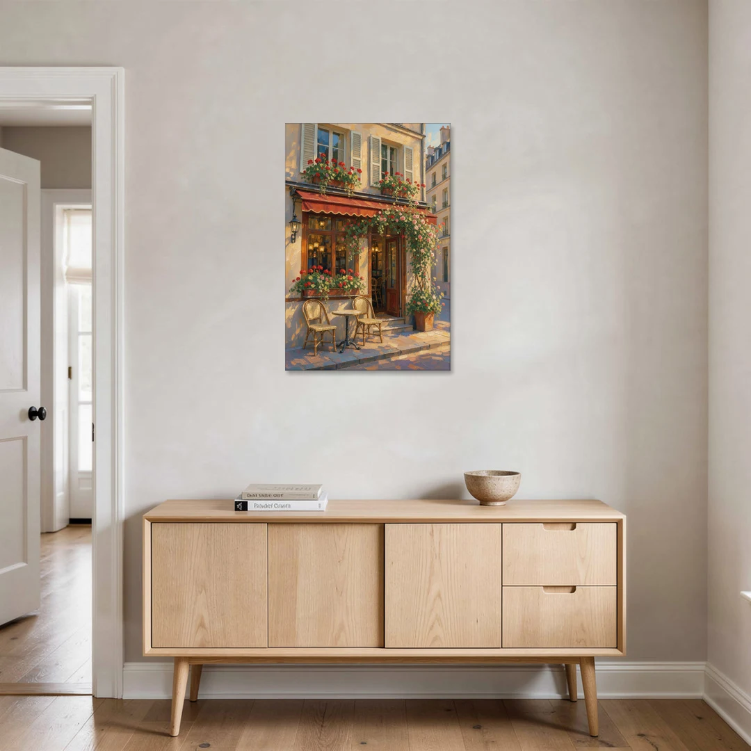 Paris Cafe Painting with Geraniums and Climbing Rose - Canvas Wall Art - Coffee Table - 24x36