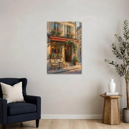 Paris Cafe Painting with Geraniums and Climbing Rose - Canvas Wall Art - Sofa - 24x36