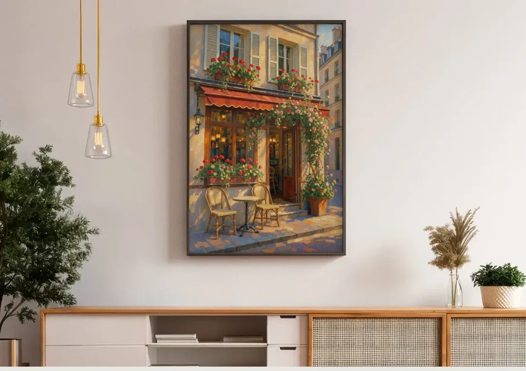 Paris Cafe Painting with Geraniums and Climbing Rose canvas wall art above a wooden sideboard under pendant lights