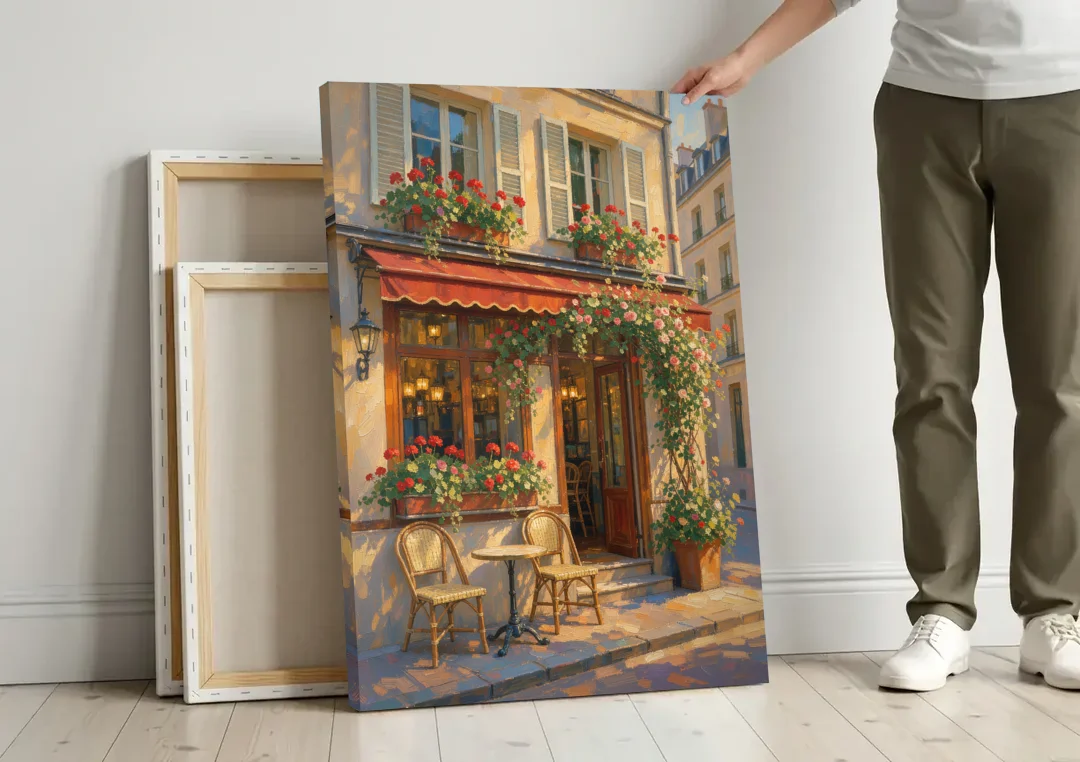 Paris Cafe Painting with Geraniums and Climbing Rose canvas wall art leaning against a wall next to blank canvases