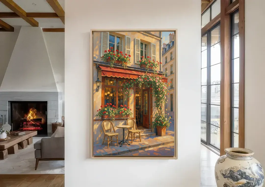 Paris Cafe Painting with Geraniums and Climbing Rose canvas wall art in a living room with a fireplace