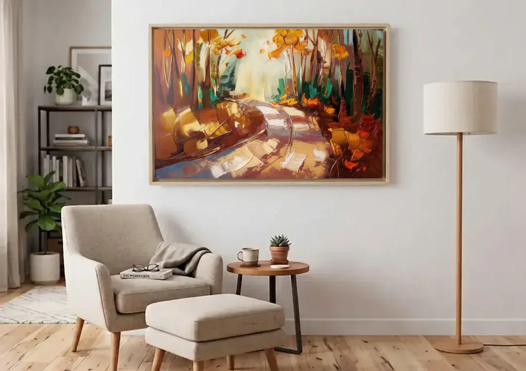 Park City Forest Trails canvas wall art above an armchair in a bright living room