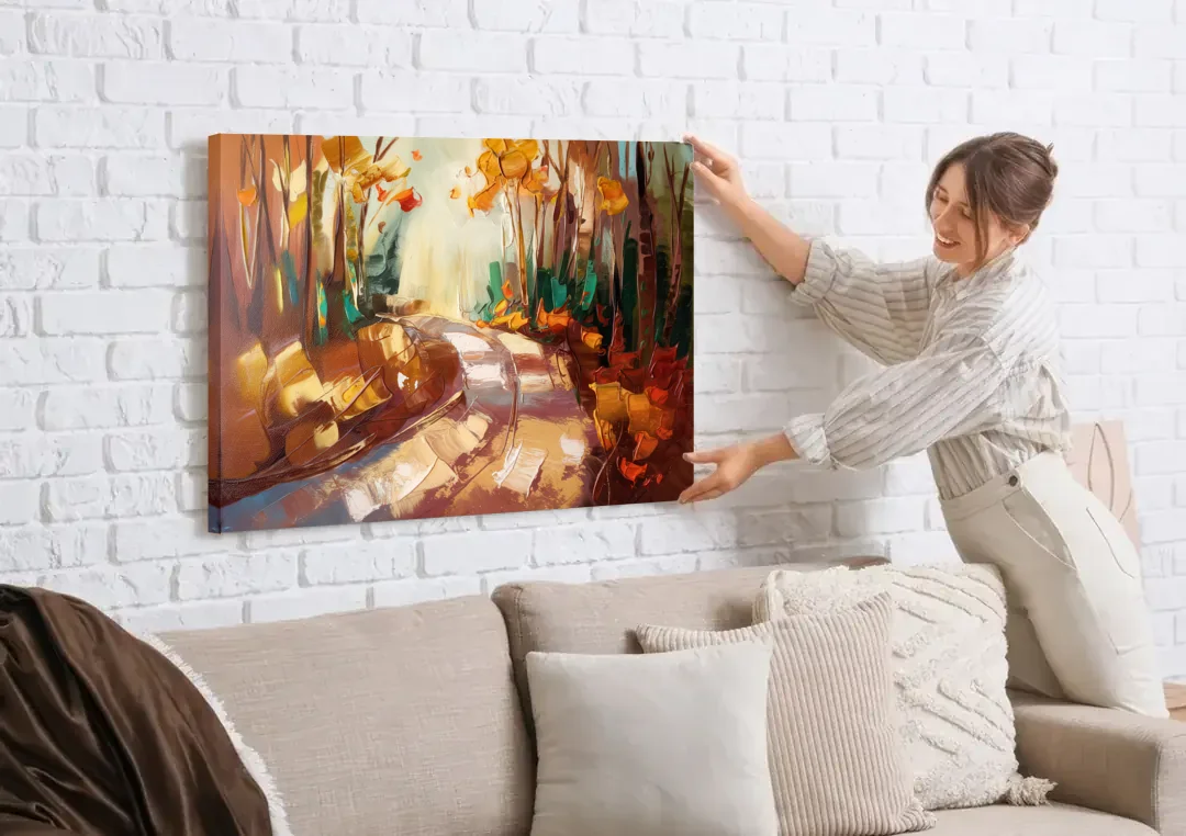 Park City Forest Trails canvas wall art being hung on a white brick wall above a sofa