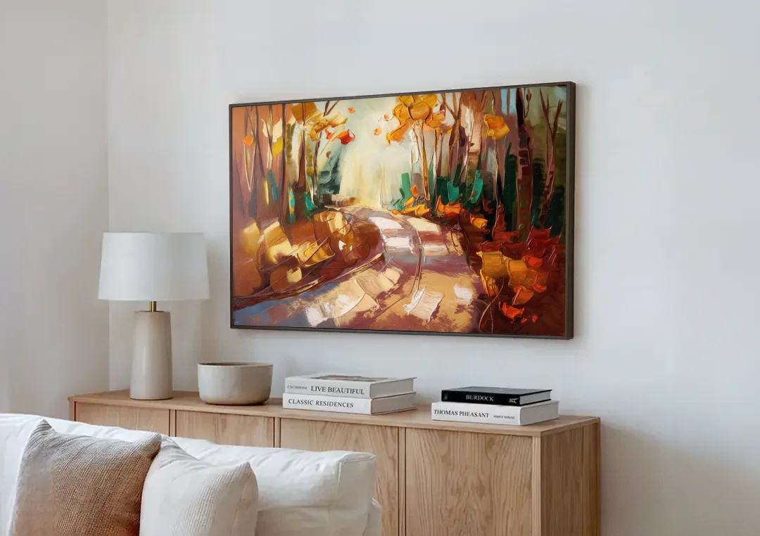 Park City Forest Trails canvas wall art above a wooden sideboard next to a sofa